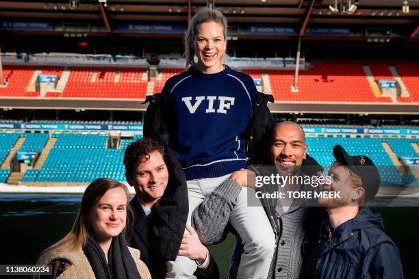 This picture taken on February 22 shows actors Emma Bones, Morten Svartveit, Ane Dahl Torp, John Carew and Rolf Kristian Larsen as they pose during a...