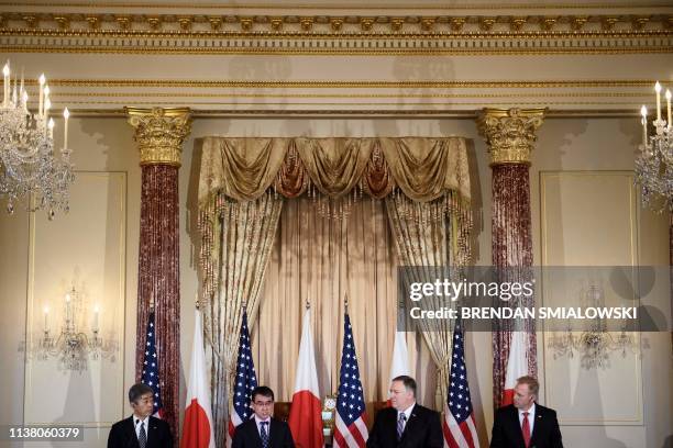 From left Japan's Defense Minister Takeshi Iwaya, Japan's Foreign Minister Taro Kono, US Secretary of State Mike Pompeo, and acting US Secretary of...