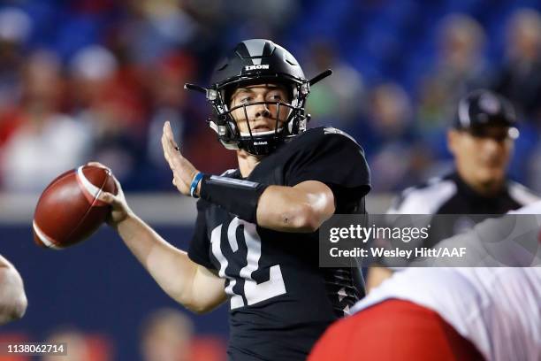 Quarterback Luis Perez of the Birmingham Iron throws a pass the Memphis Express during the first quarter of their Alliance of American Football game...