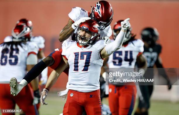 Reece Horn of the Memphis Express celebrates after a long punt return against the Birmingham Iron during the third quarter of their Alliance of...