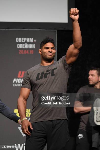 Alistair Overeem of The Netherlands poses on the scale during the UFC Fight Night weigh-in at Yubileyny Sports Palace on April 19, 2019 in Saint...