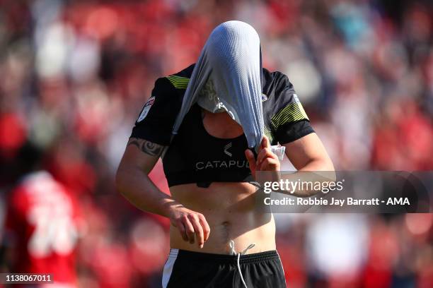 Luke Waterfall of Shrewsbury Town reacts at full time during the Sky Bet League One match between Barnsley and Shrewsbury Town at Oakwell Stadium on...