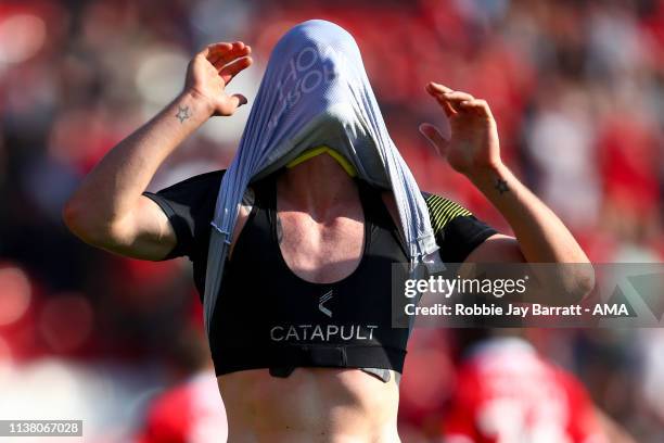 Luke Waterfall of Shrewsbury Town reacts at full time during the Sky Bet League One match between Barnsley and Shrewsbury Town at Oakwell Stadium on...