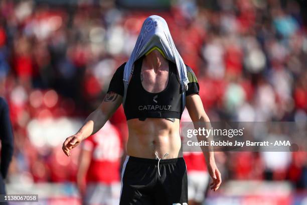 Luke Waterfall of Shrewsbury Town reacts at full time during the Sky Bet League One match between Barnsley and Shrewsbury Town at Oakwell Stadium on...