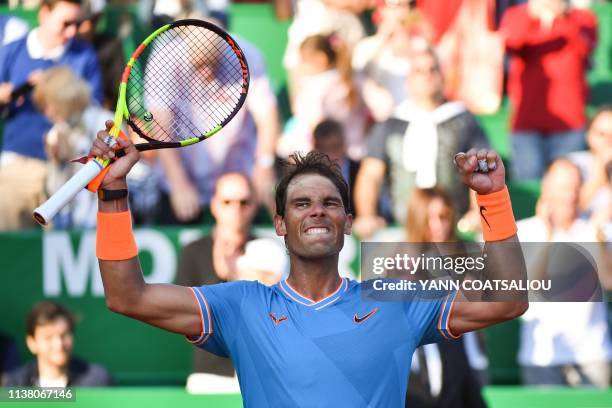 Spain's Rafael Nadal celebrates after winning the quarter-final tennis match against Argentina's Guido Pella, on day 7 of the Monte-Carlo ATP Masters...