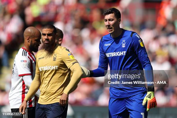 Lewis Grabban and Costel Pantilimon of Nottingham Forest during the Sky Bet Championship fixture between Sheffield United and Nottingham Forest at...
