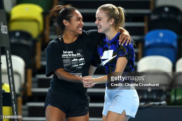 Great Britain's Katie Swan and Heather Watson in action during a training session prior to the Fed Cup World Group II Play-Off match between Great...
