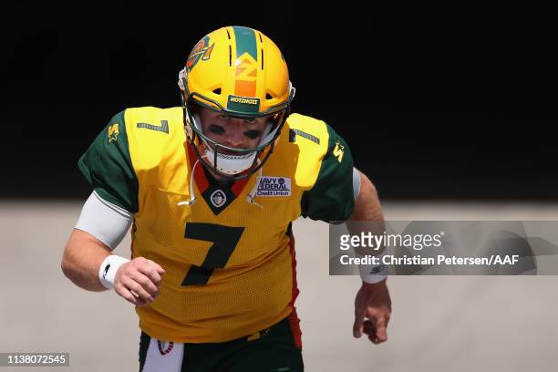 John Wolford of the Arizona Hotshots runs onto the field before the AAF game against the San Diego Fleet at Sun Devil Stadium on March 24, 2019 in...