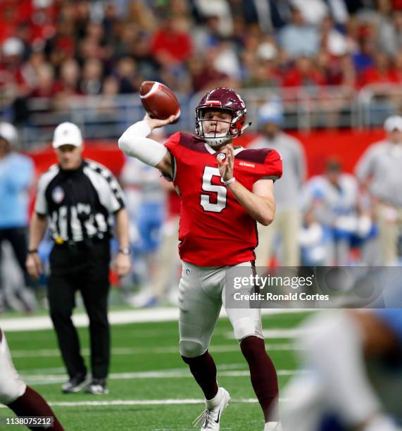 Quarterback Logan Woodside of San Antonio Commanders scrambles with the ball during the second quarter of the Alliance of American Football game...