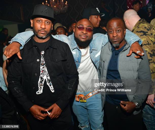Alex Gidewon, Davido and Efe Ogbeni attend a party at Compound hosted by Davido on March 24, 2019 in Atlanta, Georgia.