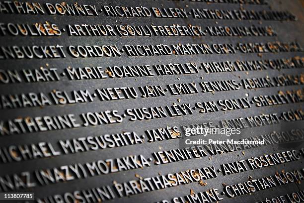 At the memorial to victims of the July 2005 London bombings the names of the 52 victims are displayed in Hyde Park on May 6, 2011 in London, England....