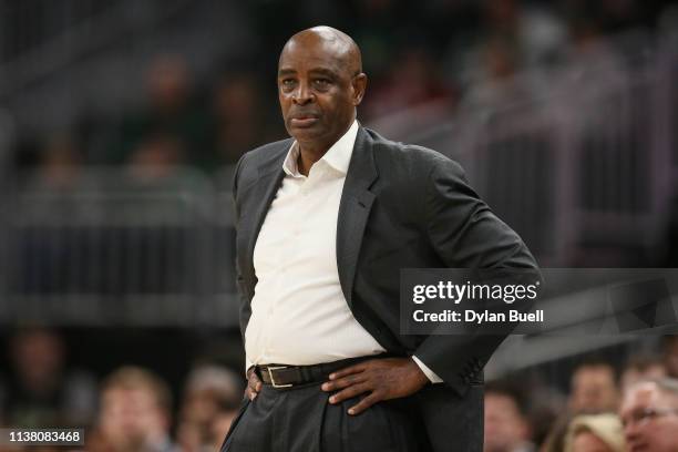 Head coach Larry Drew of the Cleveland Cavaliers looks on in the first quarter against the Milwaukee Bucks at the Fiserv Forum on March 24, 2019 in...