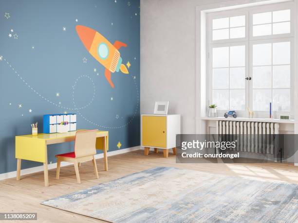 modern teen bedroom in space style - childhood stock pictures, royalty-free photos & images