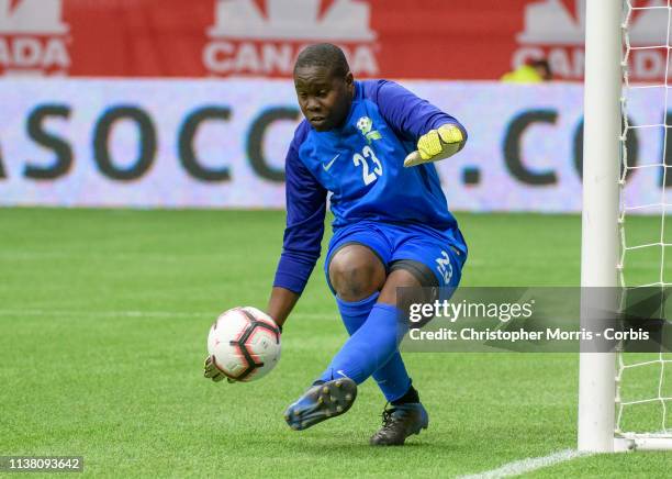 Goalkeeper, Jean-Beaunel Petit-Homme of French Guiana makes a save during the Concacaf Nations League qualifier between Canada and French Guiana at...