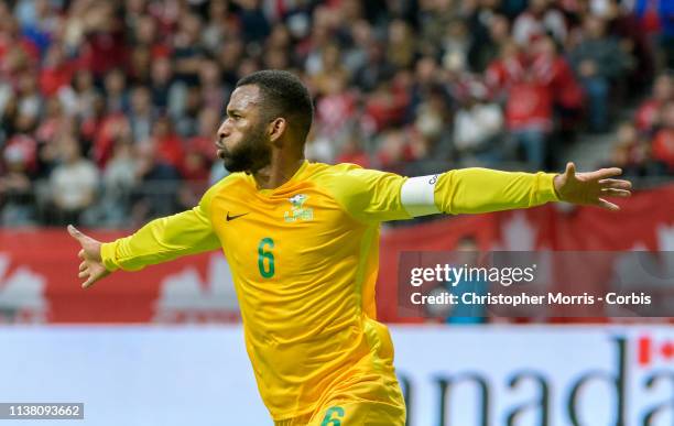 Kévin Rimane of French Guiana celebrates his goal against Canada during the Concacaf Nations League qualifier between Canada and French Guiana at BC...