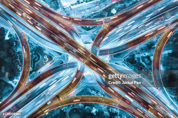 aerial view of shanghai highway at night - car motion stock pictures, royalty-free photos & images