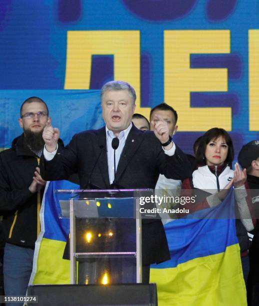 Ukrainian President and presidential candidate Petro Poroshenko speaks during a debate with Ukrainian presidential candidate Volodymyr Zelensky at...