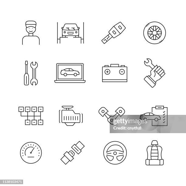 car service related - set of thin line vector icons - inspecting heavy equipment stock illustrations