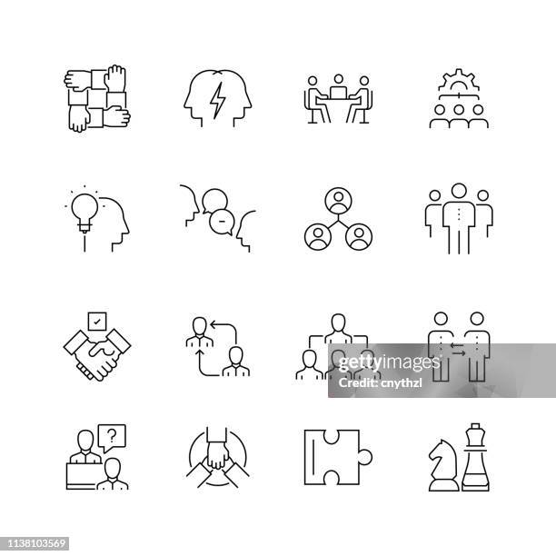 collaboration related - set of thin line vector icons - multi ethnic group stock illustrations