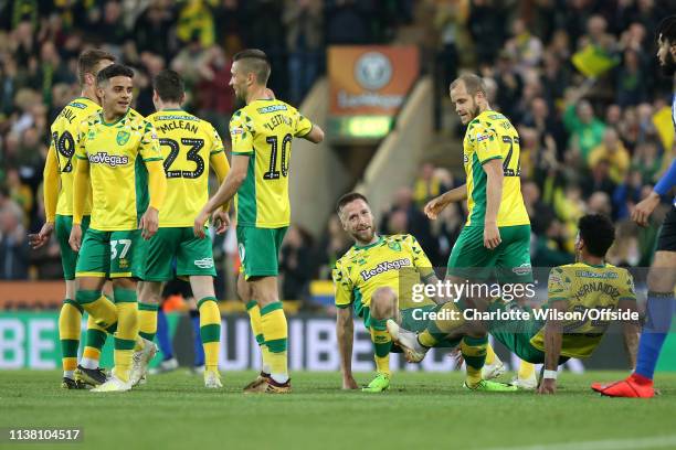 Marco Stiepermann of Norwich celebrates scoring the opening goal with Onel Hernandez during the Sky Bet Championship match between Norwich City and...