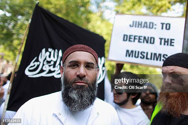 Anjem Choudary leads a protest against the killing of Osama bin Laden outside the US embassy in Mayfair on May 6, 2011 in London, England. The...