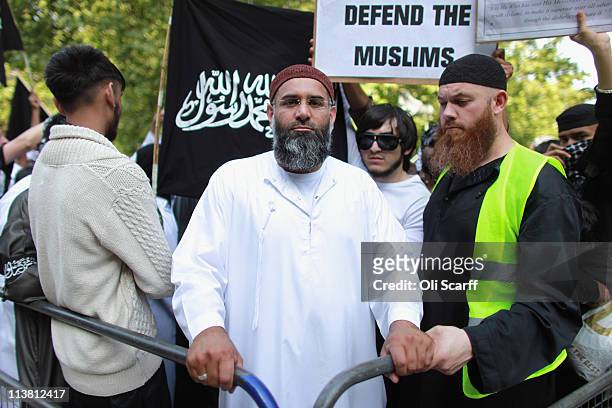 Anjem Choudary leads a protest against the killing of Osama bin Laden outside the US embassy in Mayfair on May 6, 2011 in London, England. The...