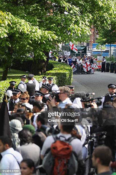 Protestors assemble while muslims gather outside the US embassy in Mayfair to protest against the killing of Osama bin Laden on May 6, 2011 in...