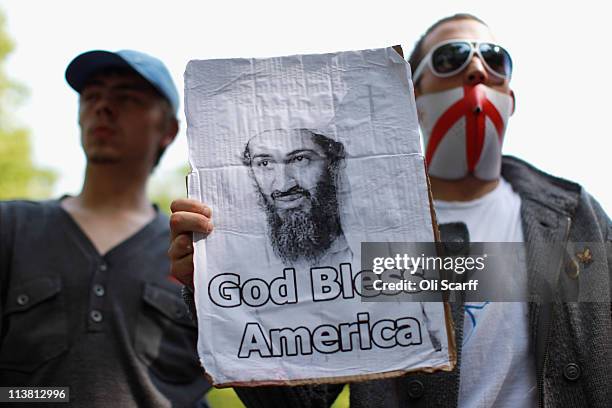 Members demonstrate outside the US embassy in Mayfair against a rival Muslim protest condemning the killing of Osama bin Laden on May 6, 2011 in...