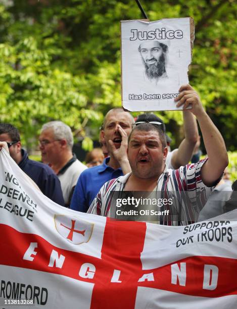 Members demonstrate outside the US embassy in Mayfair against a rival Muslim protest condemning the killing of Osama bin Laden on May 6, 2011 in...