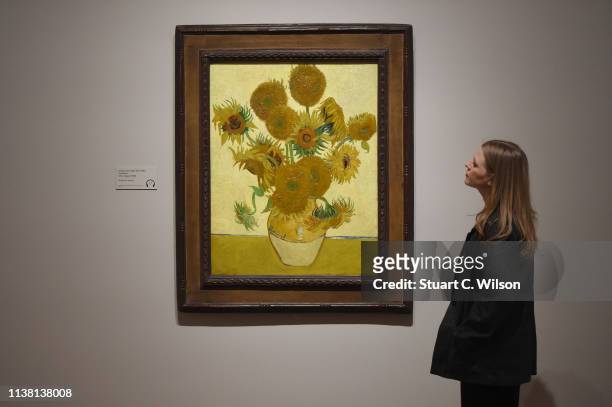 Woman looks at Vincent van Gogh's Sunflowers painting at the EY Exhibition: Van Gogh and Britain press day which opens at Tate Britain on March 25,...