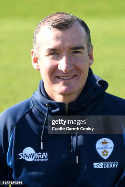 Mal Loye of Derbyshire poses for a portrait during the annual photocall day at The Pattonair County Ground on March 25, 2019 in Derby, England.