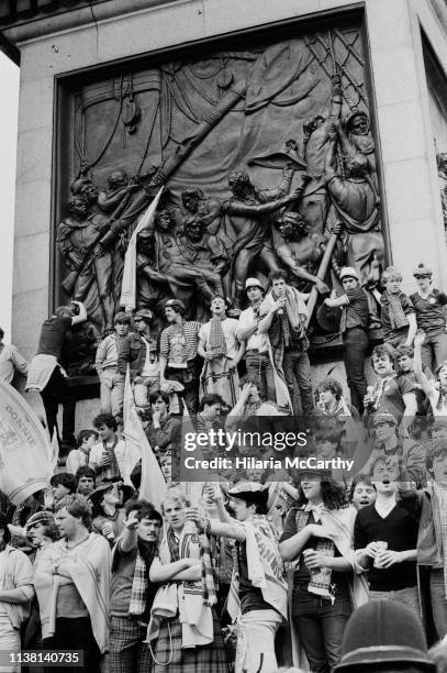 Supporters of the Scotland national football team at Nelson's Column in Trafalgar Square, London, UK, 1st June 1983.