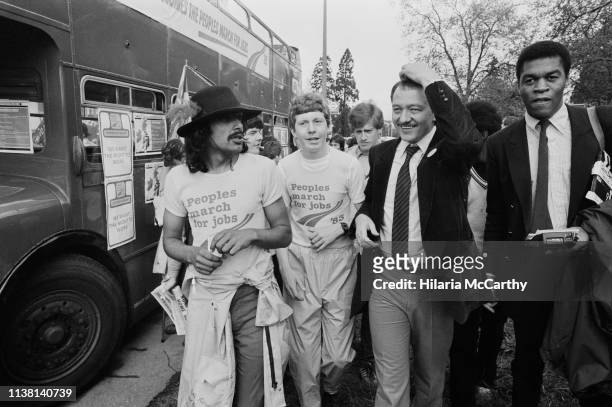 Ken Livingstone , Leader of the Greater London Council, with journalist Wesley Kerr and protesters at the People's March for Jobs rally in Hyde Park,...
