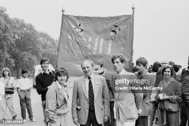 British Labour Party politician Neil Kinnock and English actor Ian McKellen at a protest in Hyde Park to support theatre grants, London, UK, 25th...