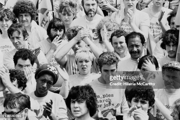 Protesters at the People's March for Jobs rally in Hyde Park, London, UK, 5th June 1983.