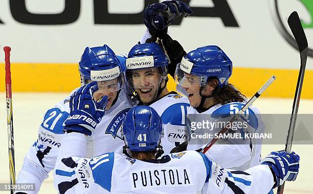 Player's of Finland celebrate their goal during the IIHF Ice Hockey World Championship Qualification Round match against Germany, in Bratislava, on...
