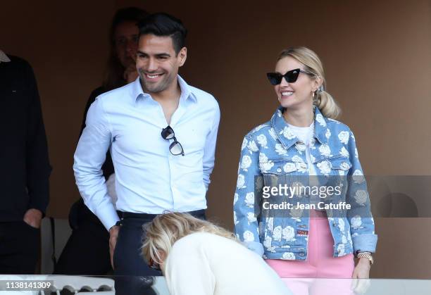 Radamel Falcao of AS Monaco and his wife Lorelei Taron attend day 6 of the Rolex Monte-Carlo Masters 2019 at the Monte-Carlo Country Club on April...