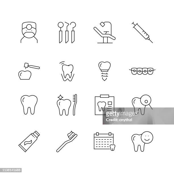 ilustraciones, imágenes clip art, dibujos animados e iconos de stock de relacionados con el dental-conjunto de iconos vectoriales de línea delgada - dentista