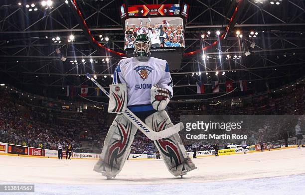 Teemu Lassila, goaltender of Finland skates during the IIHF World Championship qualification match between Germany and Finland at Orange Arena on May...
