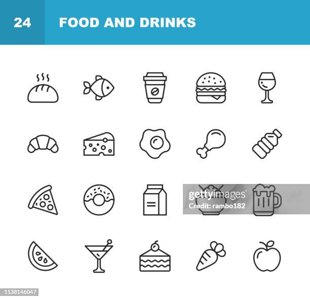 ilustrações de stock, clip art, desenhos animados e ícones de food and drinks line icons. editable stroke. pixel perfect. for mobile and web. contains such icons as bread, wine, hamburger, milk, carrot. - lanchar