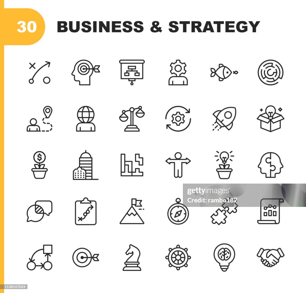 Business Strategy Line Icons. Bearbeitbare Stroke. Pixel Perfect. Für Mobile und Web. Enthält Ikonen wie Brainstorming, Bussiness Strategy, Business Consulting, Kommunikation, Corporate Development.