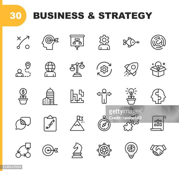business strategy line icons. bearbeitbare stroke. pixel perfect. für mobile und web. enthält ikonen wie brainstorming, bussiness strategy, business consulting, kommunikation, corporate development. - achievement stock-grafiken, -clipart, -cartoons und -symbole
