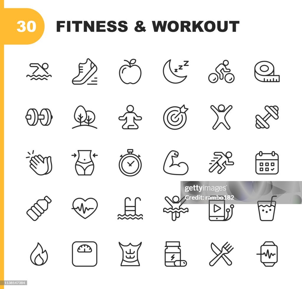 Icone della linea fitness e allenamento. Tratto modificabile. Pixel Perfetto. Per dispositivi mobili e Web. Contiene icone come Bodybuilding, Heartbeat, Swimming, Cycling, Running, Diet.