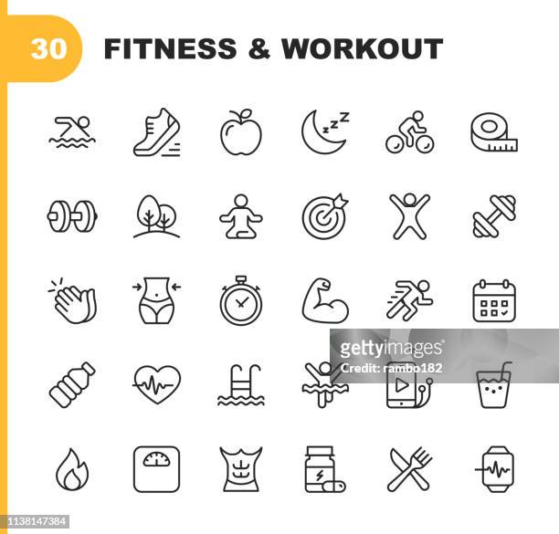 fitness and workout line icons. editable stroke. pixel perfect. for mobile and web. contains such icons as bodybuilding, heartbeat, swimming, cycling, running, diet. - muscular build stock illustrations