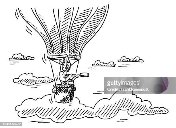 illustrazioni stock, clip art, cartoni animati e icone di tendenza di uomo in mongolfiera con disegno telescopio - air travel