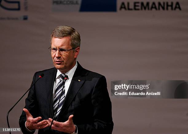 German president Christian Wulff , gives a speech during a lunch with Brazilian entrepreneurs at the German Consulate as part of his visit to Sao...