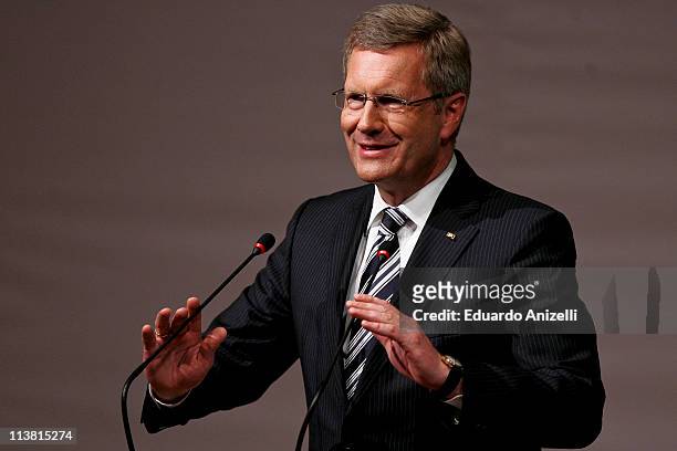 German president Christian Wulff , gives a speech during a lunch with Brazilian entrepreneurs at the German Consulate as part of his visit to Sao...