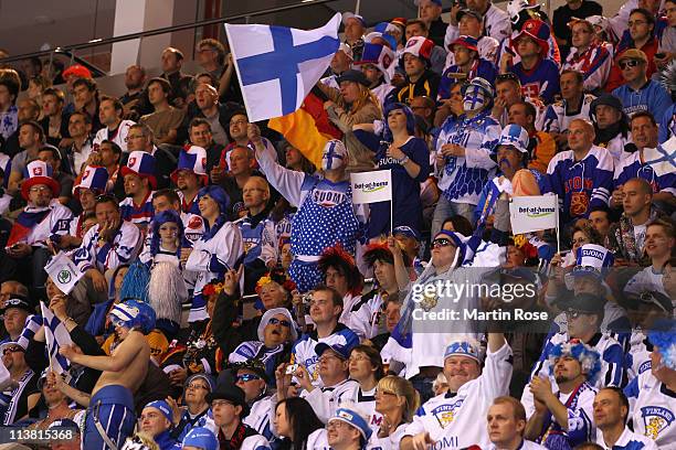 Supporters of Finland cheer during the IIHF World Championship qualification match between Germany and Finland at Orange Arena on May 6, 2011 in...