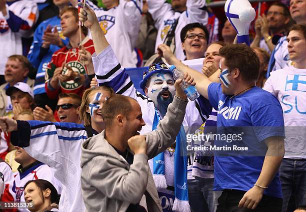 Supporters of Finland cheer during the IIHF World Championship qualification match between Germany and Finland at Orange Arena on May 6, 2011 in...