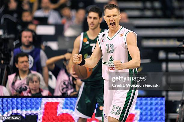 Rimantas Kaukenas, #13 of Montepaschi Siena reacts during the Turkish Airlines Euroleague Final Four Semifinal B between Panathinaikos Athens vs...